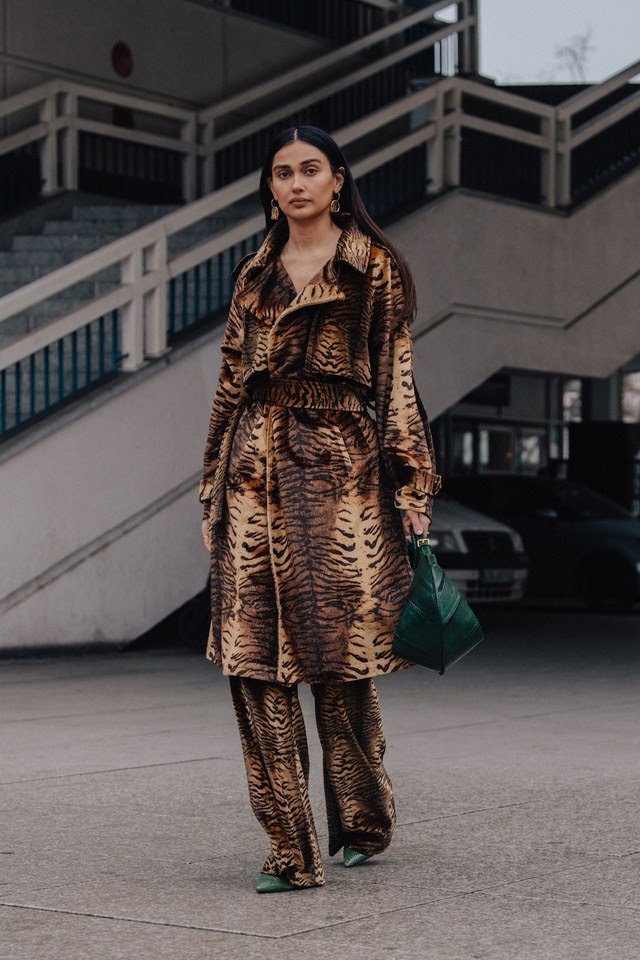 Bold Tiger Print Velvet Trench Coat and Trousers Bold Tiger Print Velvet Trench Coat and Trousers — Winter Date Night Outfits
