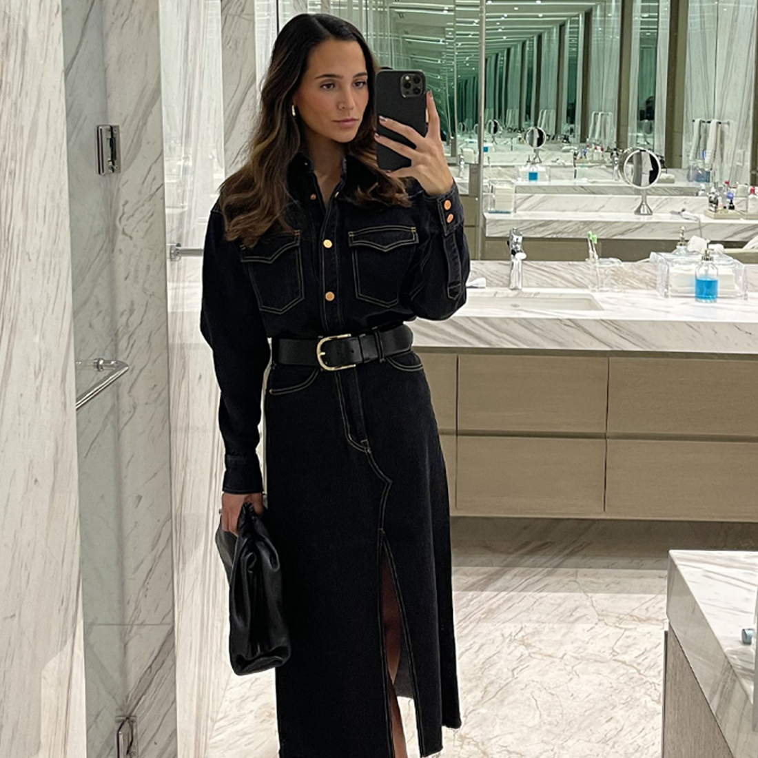 Dark Denim Midi Dress: Casual Evening Chic Dark Denim Midi Dress: Casual Evening Chic — Winter Going Out Outfits