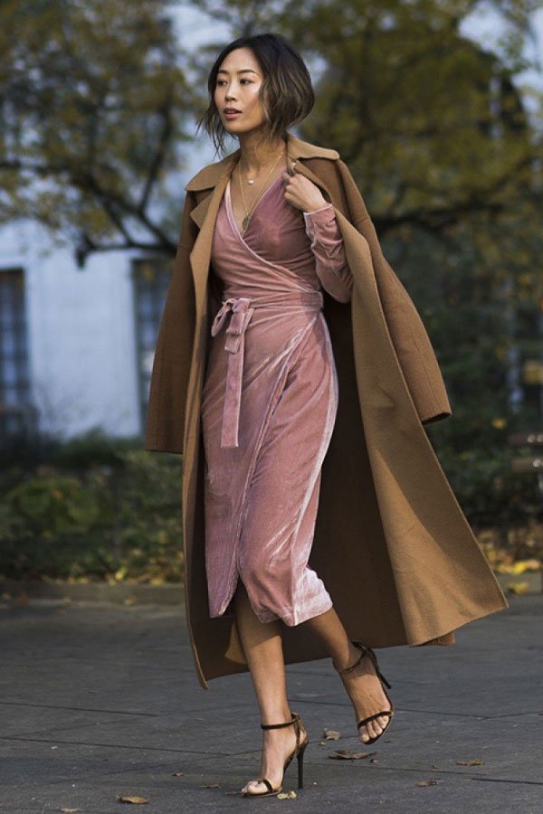 Velvet Wrap Dress with a Luxe Wool Coat Combination Velvet Wrap Dress with a Luxe Wool Coat Combination — Winter Party Outfits