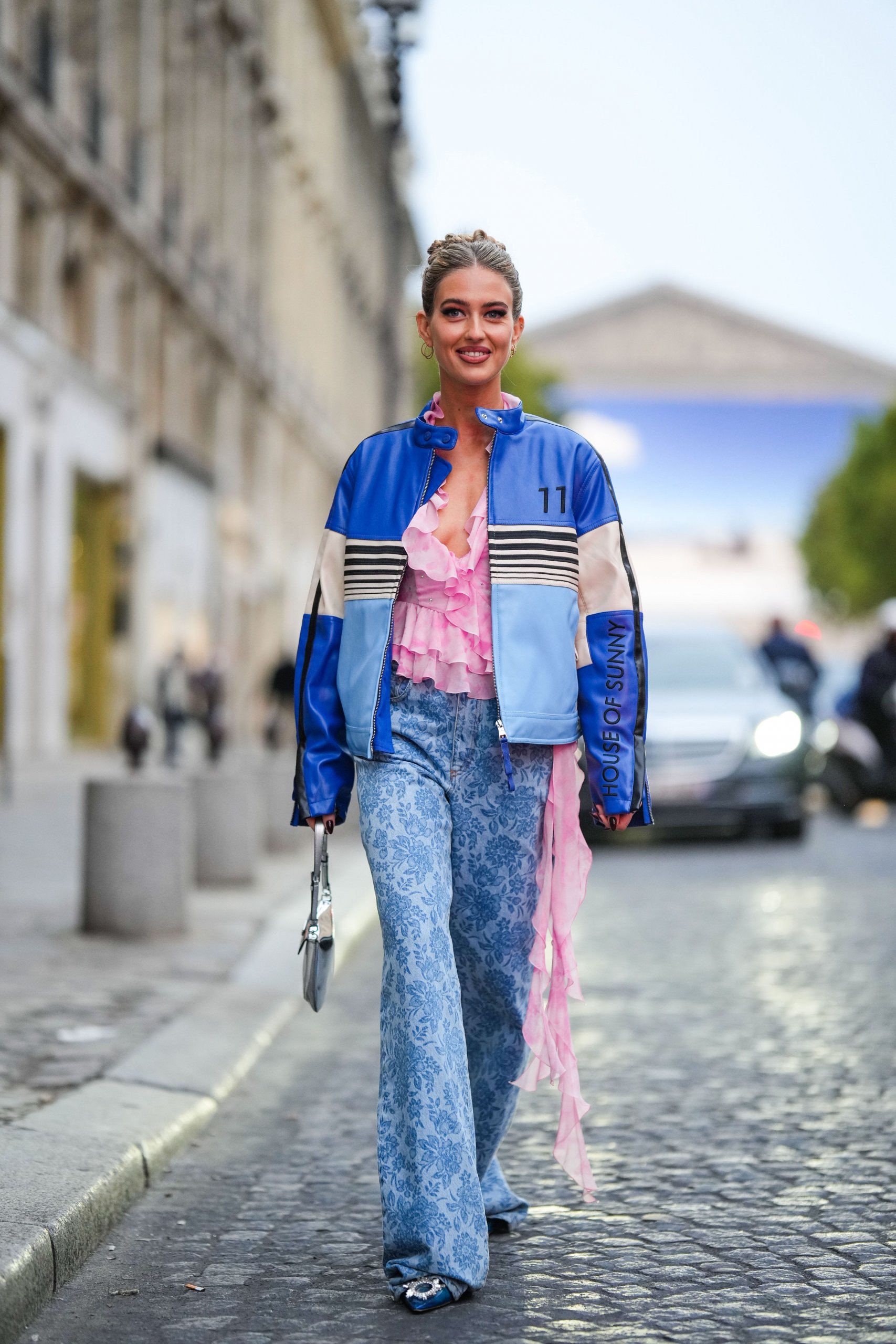 Color-Blocked Leather Jacket with Floral Denim for a Night Out Color-Blocked Leather Jacket with Floral Denim for a Night Out — Winter Party Outfits