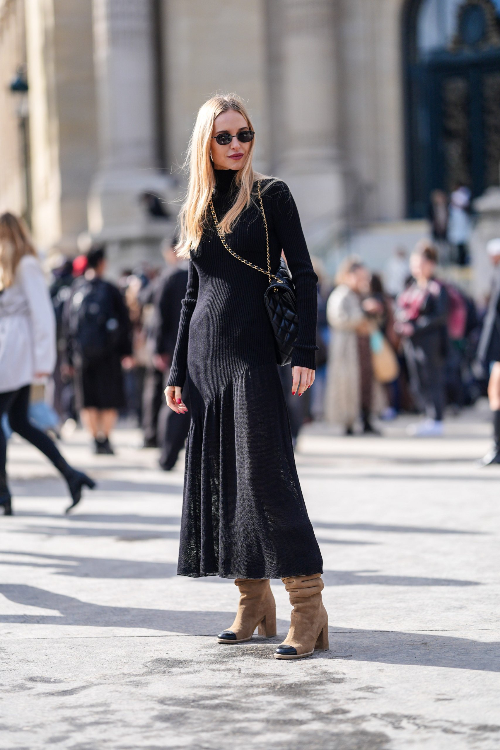 Ribbed Knit Turtleneck Dress with Suede Boots for an Elegant Party Ribbed Knit Turtleneck Dress with Suede Boots for an Elegant Party — Winter Party Outfits