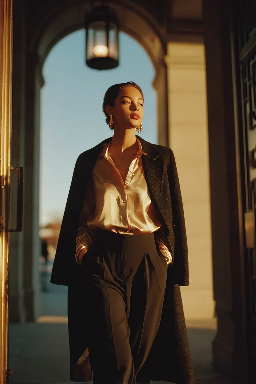Wool Coat Draped Over Satin Blouse and Wide-Leg Trousers Wool Coat Draped Over Satin Blouse and Wide-Leg Trousers — Winter Dinner Outfits
