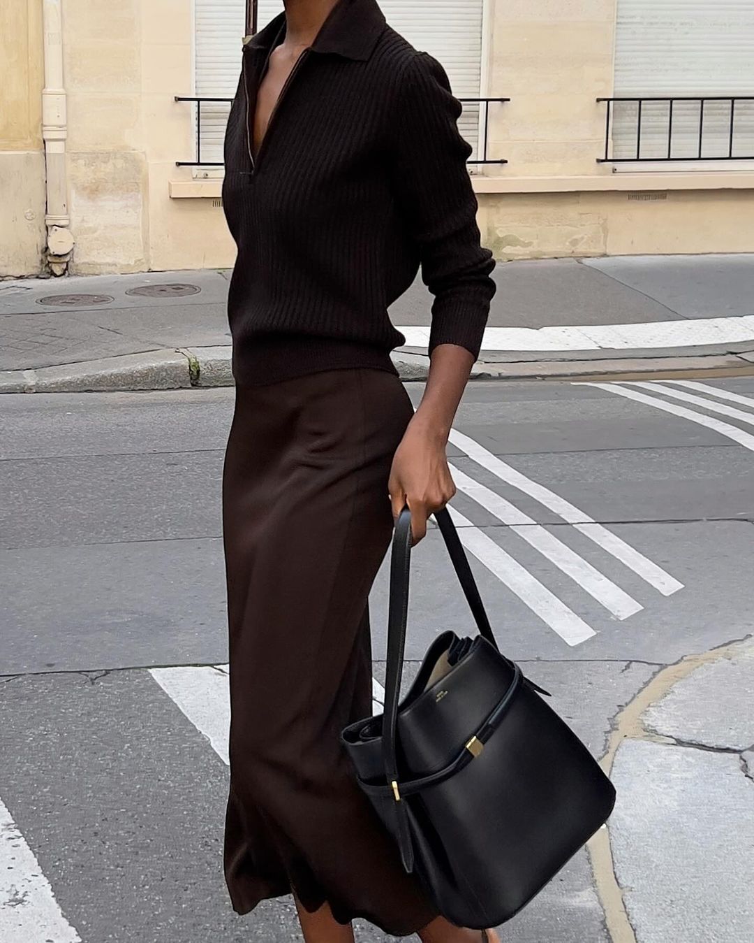Collared Knit Top with Satin Skirt and Heeled Shoes Collared Knit Top with Satin Skirt and Heeled Shoes — Winter Dinner Outfits