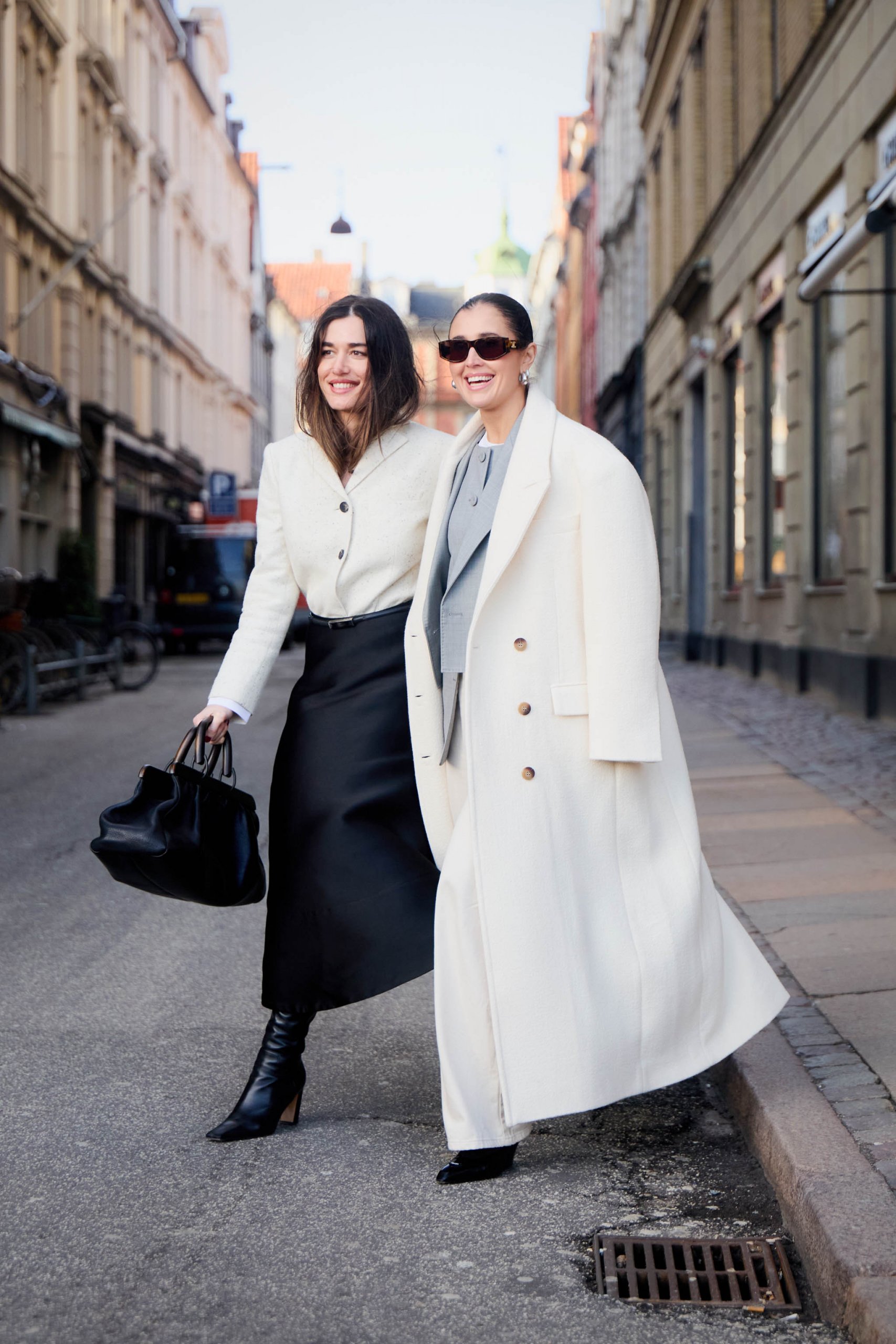 Oversized Cream Coat Over Blazer, Skirt, and Boots Oversized Cream Coat Over Blazer, Skirt, and Boots — Winter Dinner Outfits