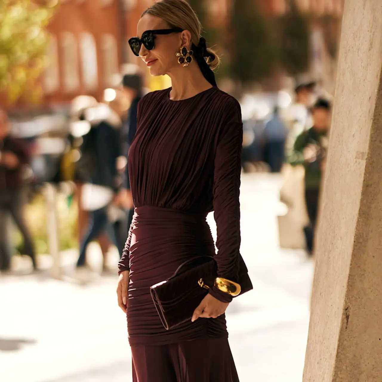 Deep Burgundy Ruched Jersey Column Dress Deep Burgundy Ruched Jersey Column Dress — Winter Wedding Guest Outfits