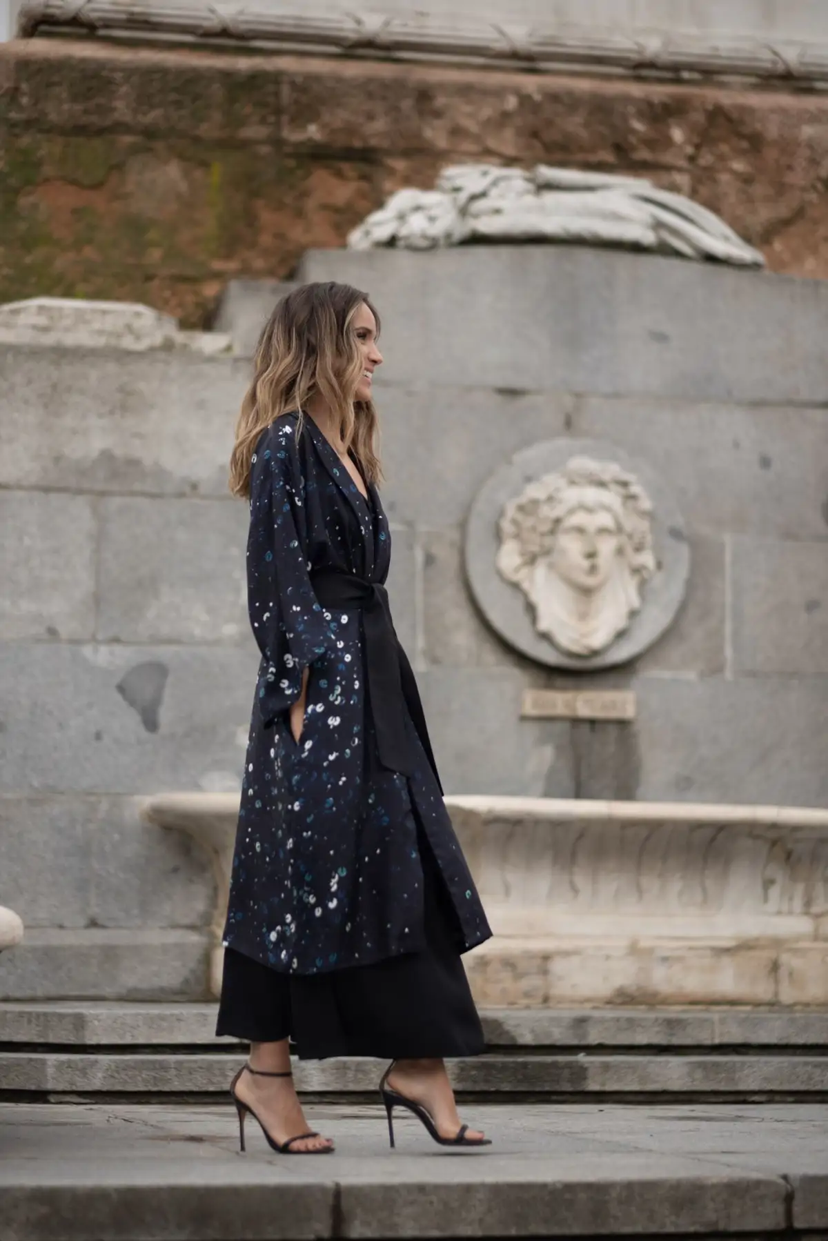 Navy Floral Kimono Coat Over Wide-Leg Trousers Navy Floral Kimono Coat Over Wide-Leg Trousers — Winter Wedding Guest Outfits