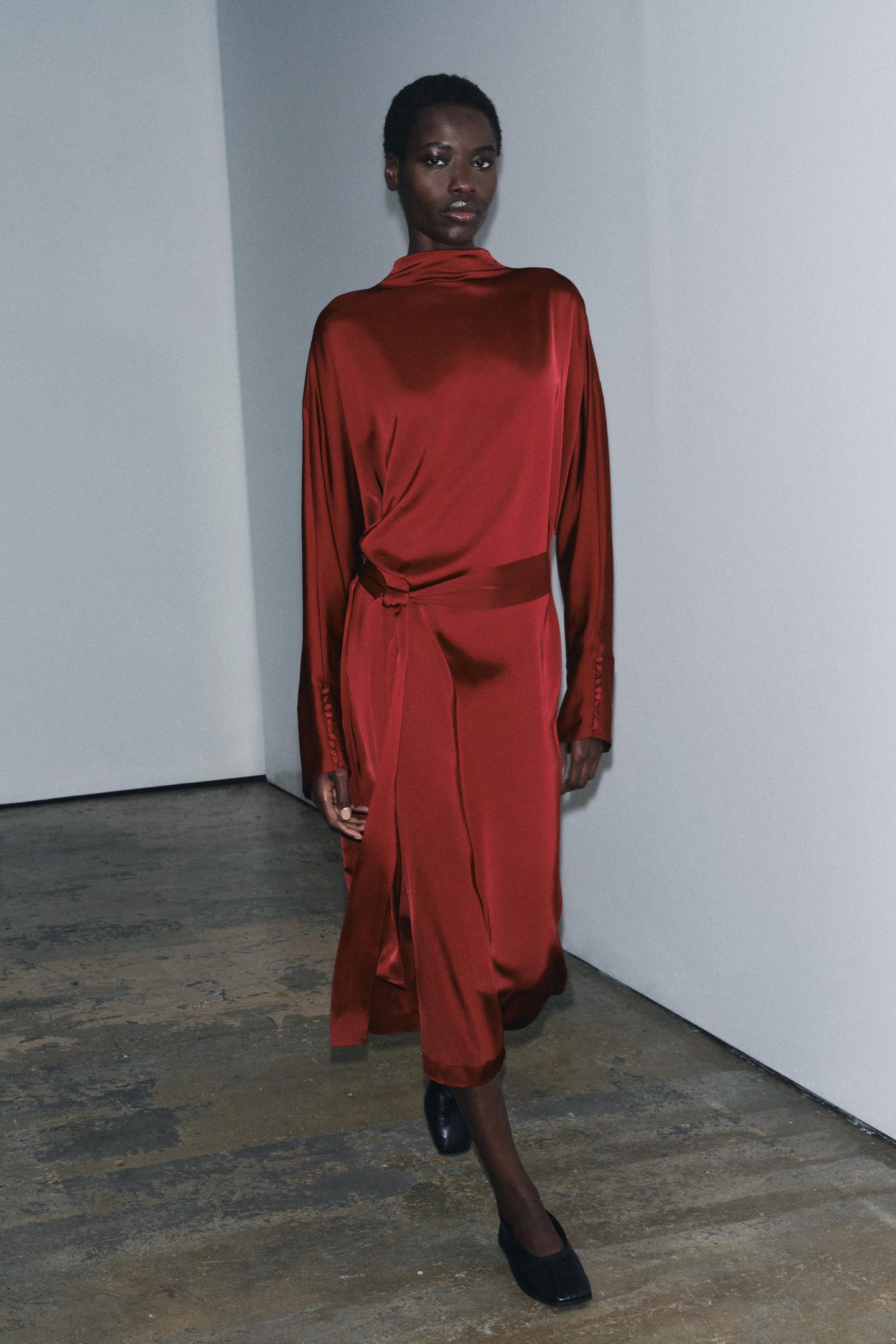 Rich Red Silk Midi Dress with Matching Belt Rich Red Silk Midi Dress with Matching Belt — Winter Wedding Guest Outfits