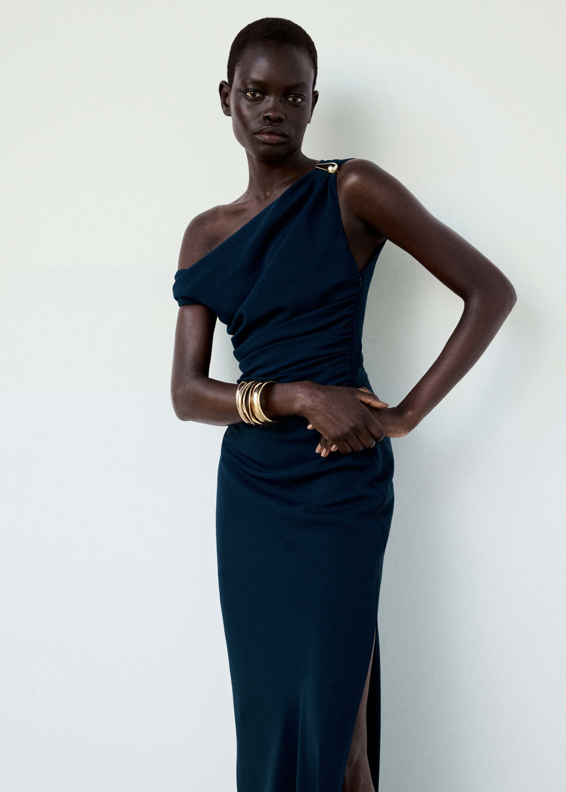 Deep Teal One-Shoulder Dress with Gold Brooch Deep Teal One-Shoulder Dress with Gold Brooch — Winter Wedding Guest Outfits