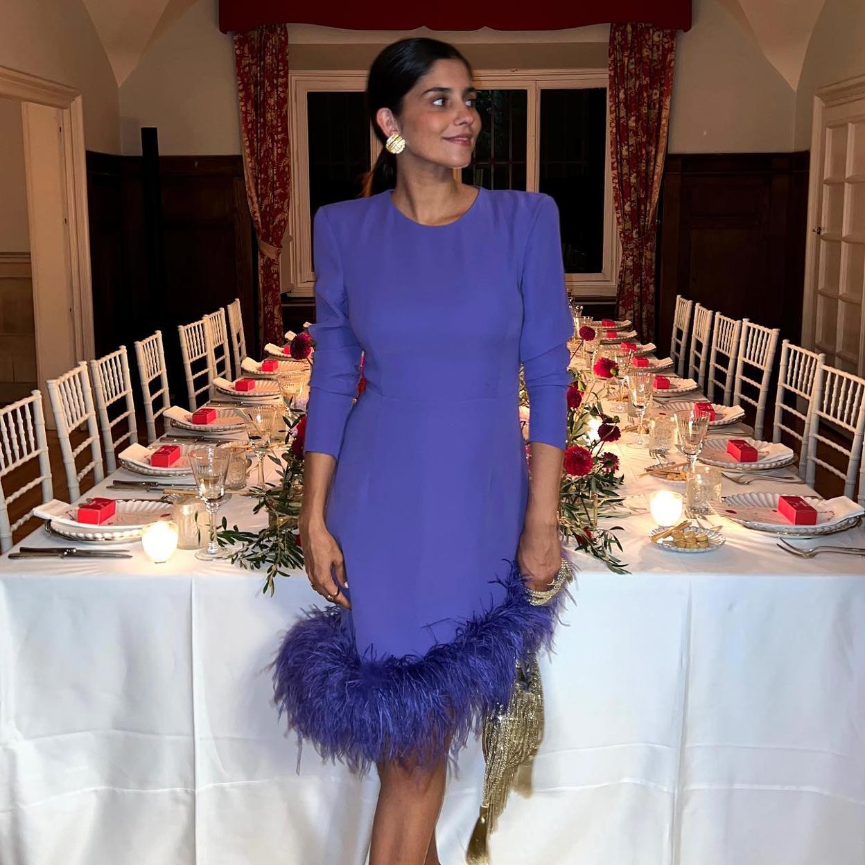 Purple Dress with Feather Trim and Gold Chain Bag Purple Dress with Feather Trim and Gold Chain Bag — Winter Wedding Guest Outfits
