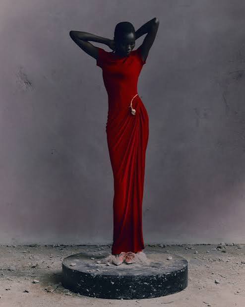 Red Silk Gown with Draped Silhouette and Gold Chain Detail Red Silk Gown with Draped Silhouette and Gold Chain Detail — Winter Formal Dresses