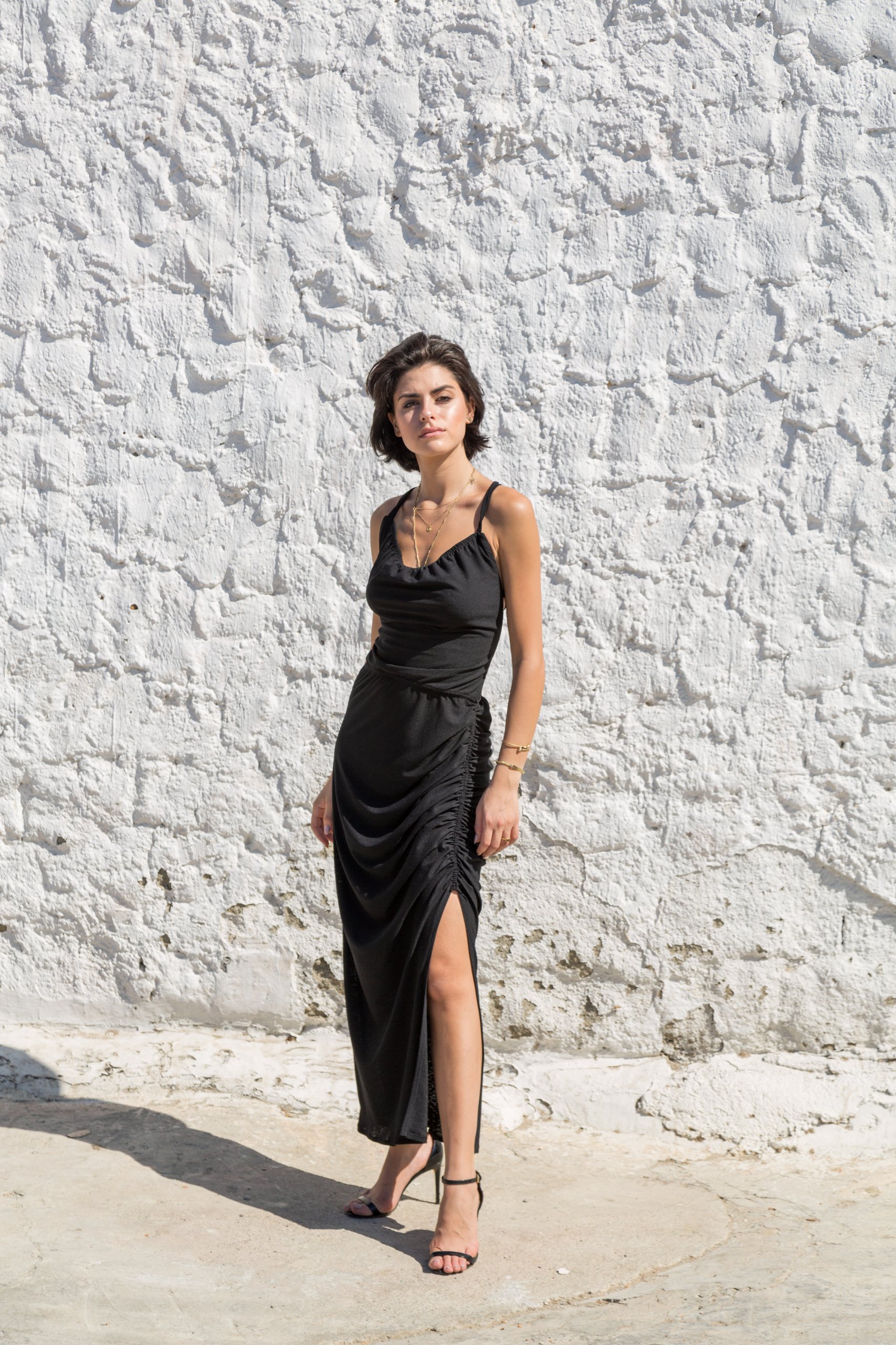 Monochromatic Ruched Maxi Dress with High Slit Monochromatic Ruched Maxi Dress with High Slit — Winter Concert Outfits