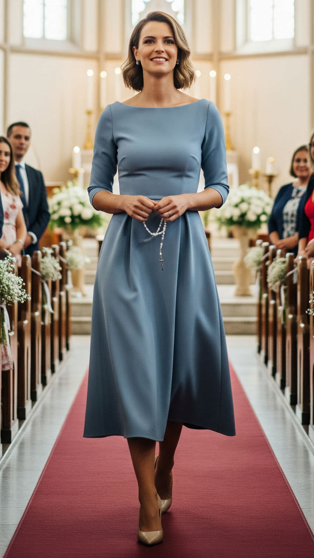 Dusty Blue Midi Dress with Rosary Beads Dusty Blue Midi Dress with Rosary Beads — Winter Church Outfits