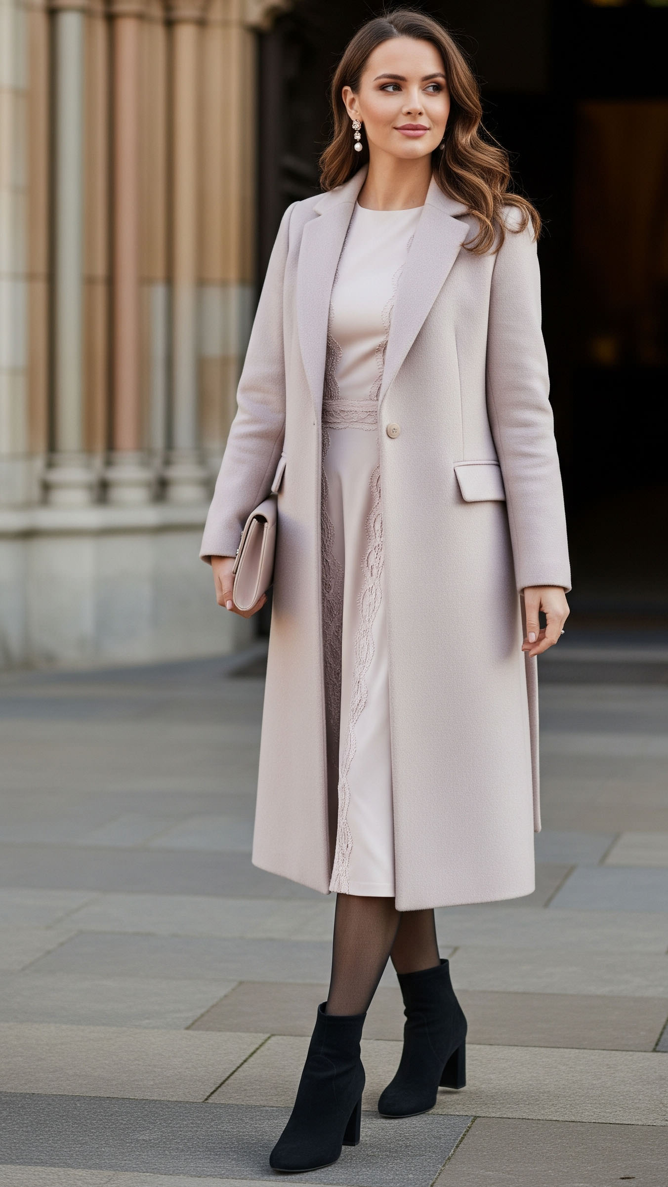 Pale Pink Wool Coat Over Lace-Trimmed Dress Pale Pink Wool Coat Over Lace-Trimmed Dress — Winter Church Outfits