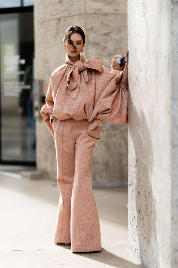 Pale Pink Tweed Set with Oversized Bow Blouse Pale Pink Tweed Set with Oversized Bow Blouse — Winter Church Outfits