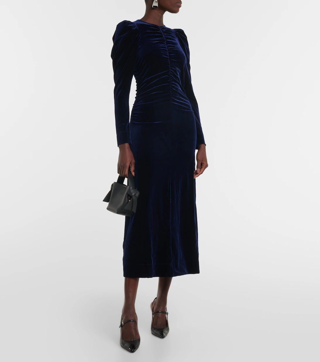 Navy Blue Velvet Dress with Puffed Shoulders Navy Blue Velvet Dress with Puffed Shoulders — Winter Church Outfits
