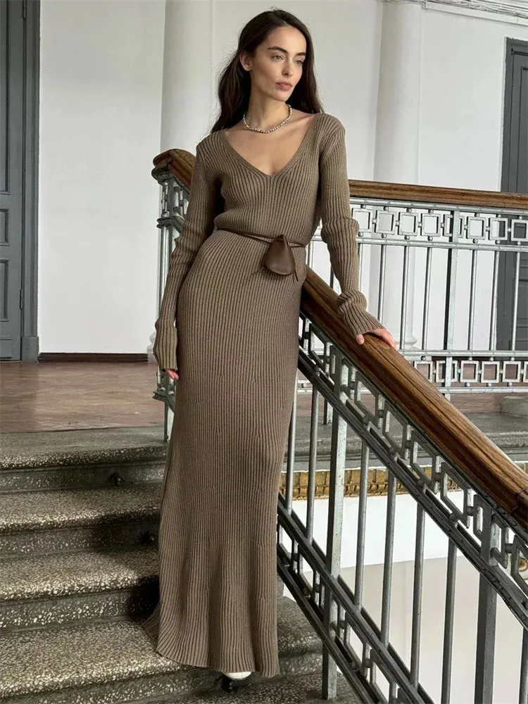 Neutral Brown Ribbed Knit Maxi Dress for Comfort Neutral Brown Ribbed Knit Maxi Dress for Comfort — Winter Church Outfits