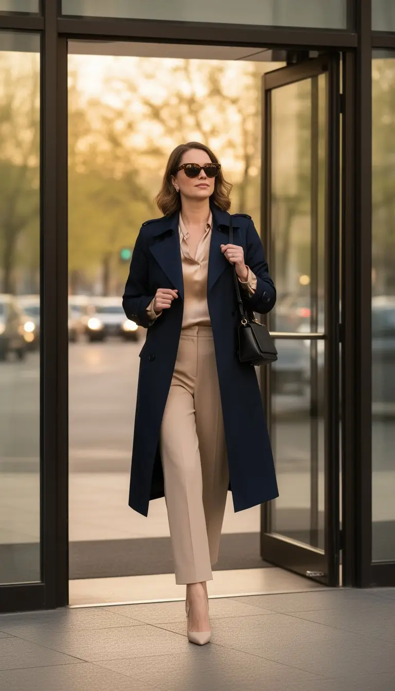 Navy Trench Coat Layered Over a Champagne Satin Blouse and Beige Trousers — Winter Business Casual Outfits