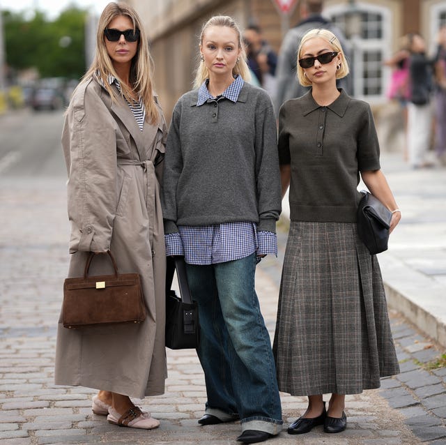 Grey Plaid A-Line Midi Skirt Paired with a Dark Green Polo Sweater — Winter Business Casual Outfits