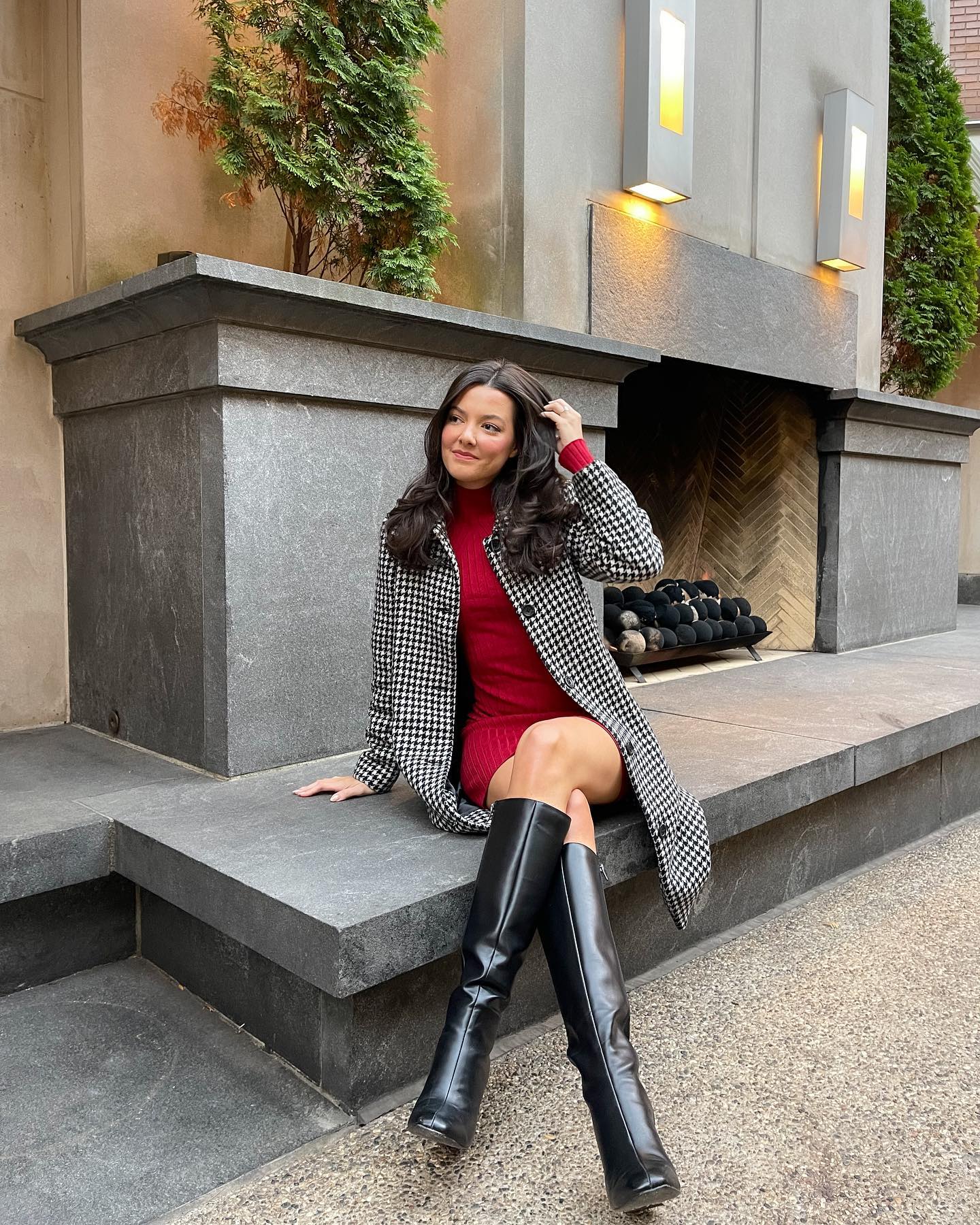 Houndstooth Coat Over Red Turtleneck Dress for Winter Elegance Houndstooth Coat Over Red Turtleneck Dress for Winter Elegance — Winter Teacher Outfits