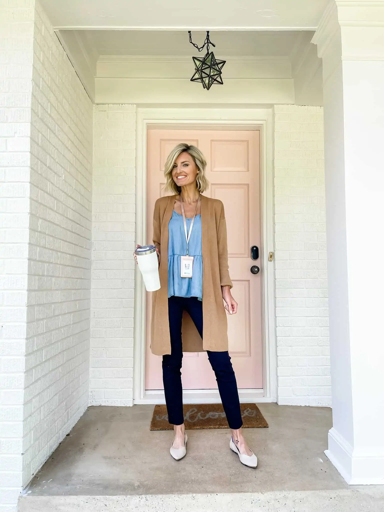Long Camel Cardigan Over Denim Camisole for Cozy Layers Long Camel Cardigan Over Denim Camisole for Cozy Layers — Winter Teacher Outfits