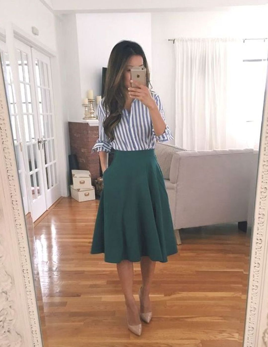 Striped Shirt and Flared Skirt for a Polished Classroom Look Striped Shirt and Flared Skirt for a Polished Classroom Look — Winter Teacher Outfits