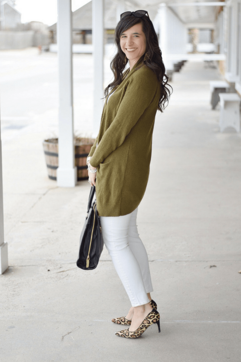 Olive Green Cardigan with Leopard Heels for a Playful Touch Olive Green Cardigan with Leopard Heels for a Playful Touch — Winter Teacher Outfits