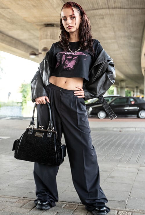 Edgy Appeal: Leather Jacket Over Graphic Top with Wide-Leg Trousers Edgy Appeal: Leather Jacket Over Graphic Top with Wide-Leg Trousers — Winter College Outfits