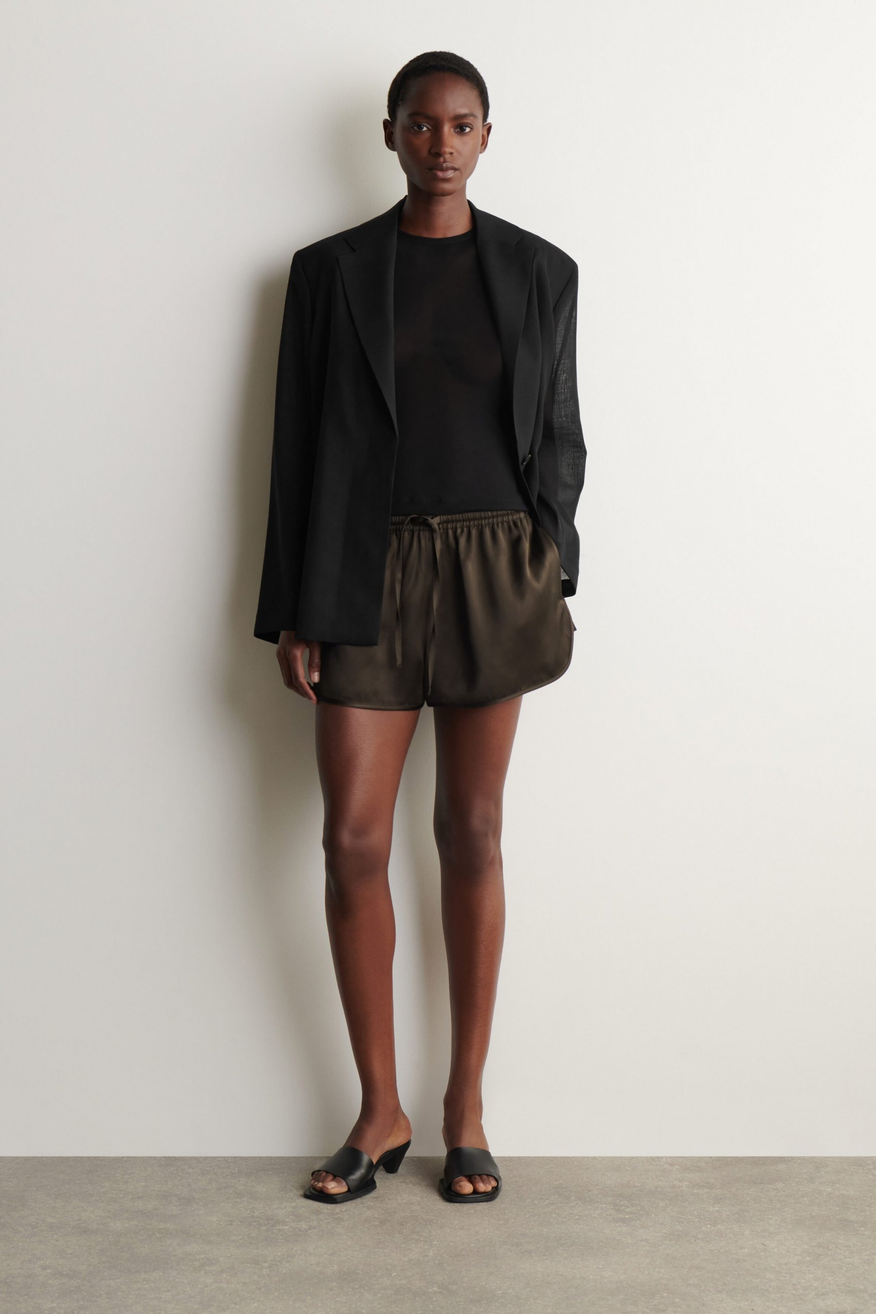 Textural Play: Sheer Top Under Blazer with Satin Shorts Textural Play: Sheer Top Under Blazer with Satin Shorts — Winter College Outfits