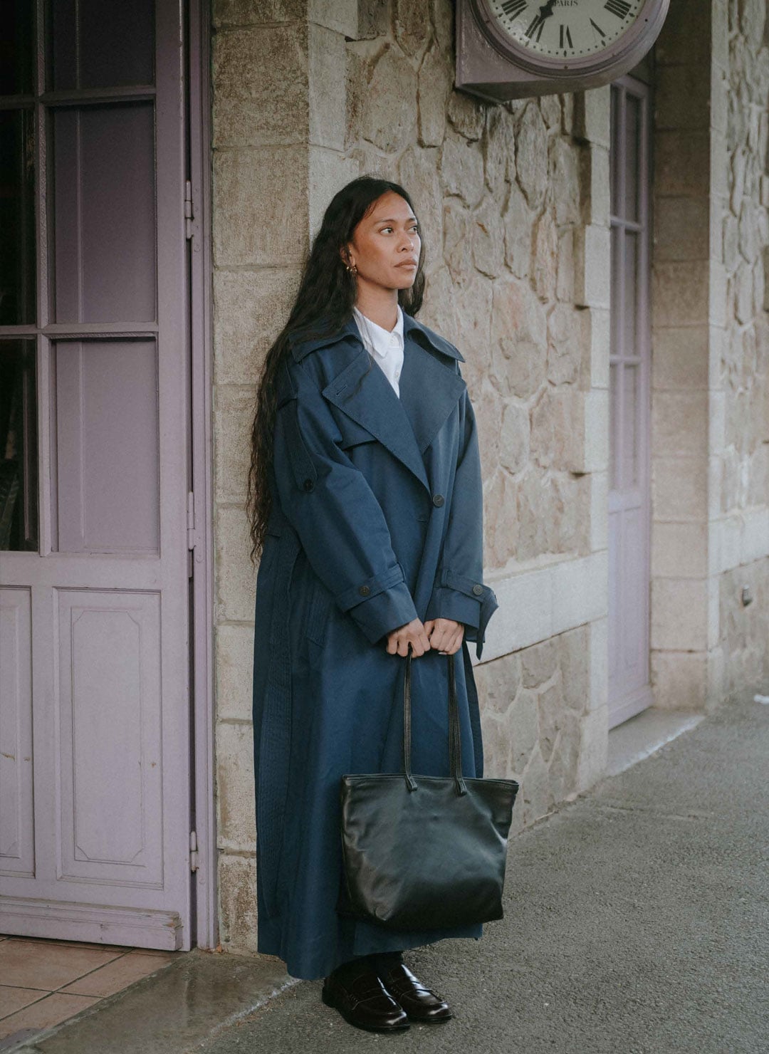 Navy Trench Coat and Loafers for Sophisticated Travel Navy Trench Coat and Loafers for Sophisticated Travel — Winter Travel Outfits