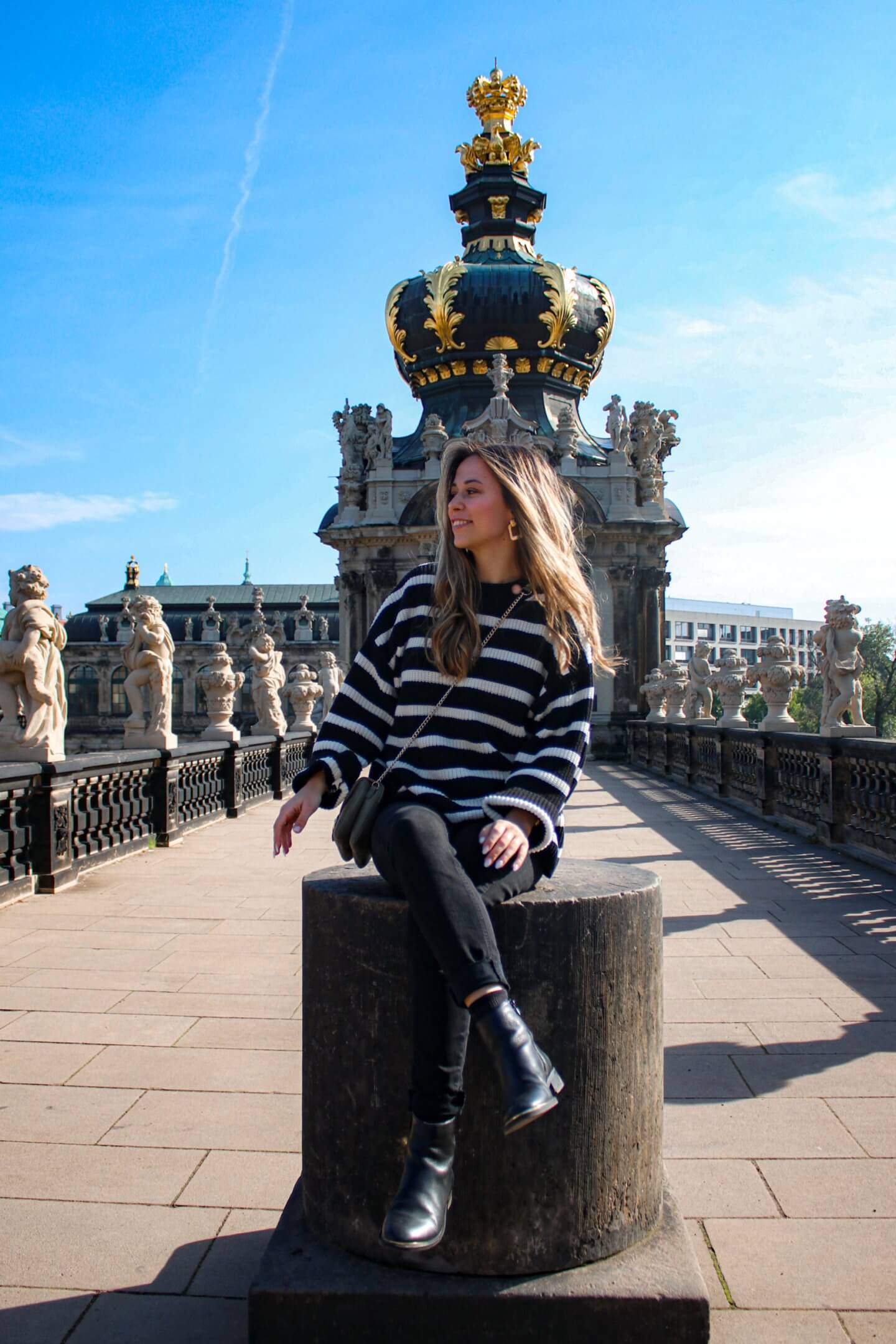 Striped Knit Sweater and Black Pants for Casual Travel Striped Knit Sweater and Black Pants for Casual Travel — Winter Travel Outfits