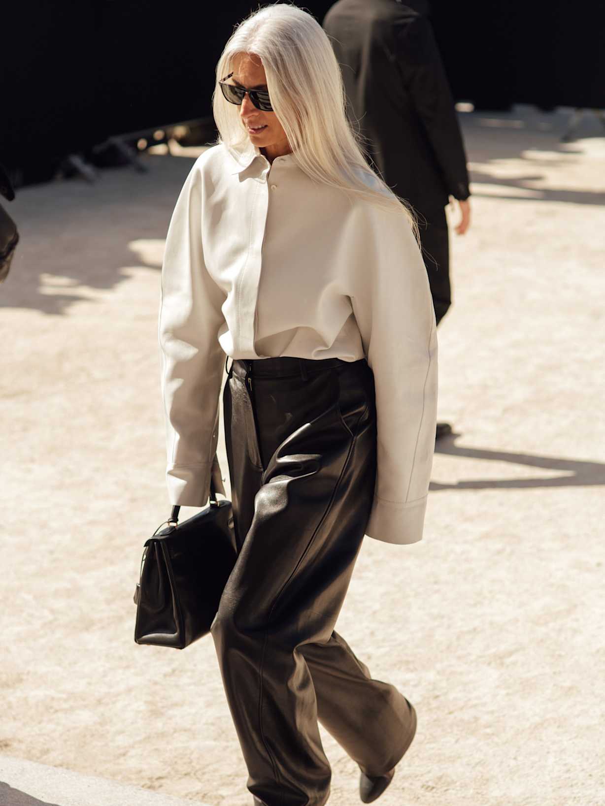 Oversized White Button Down and Black Leather Trousers Oversized White Button Down and Black Leather Trousers — Winter Outfits for Women Over 70