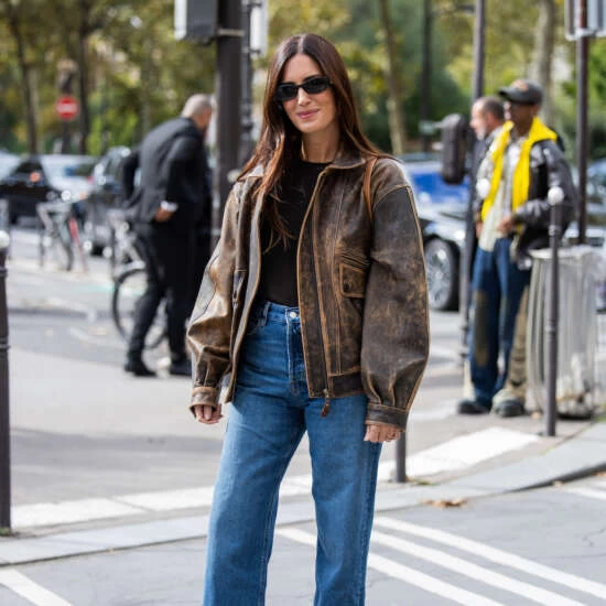 Distressed Leather Bomber Jacket and Blue Jeans Distressed Leather Bomber Jacket and Blue Jeans — Winter Outfits for Petite Women