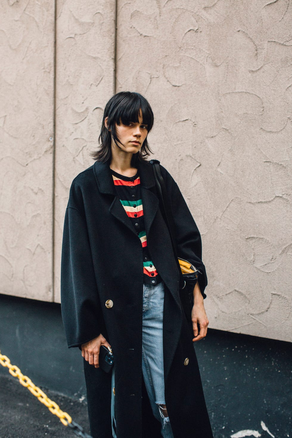 Oversized Black Wool Coat and Striped Cardigan Oversized Black Wool Coat and Striped Cardigan — Winter Outfits for Petite Women