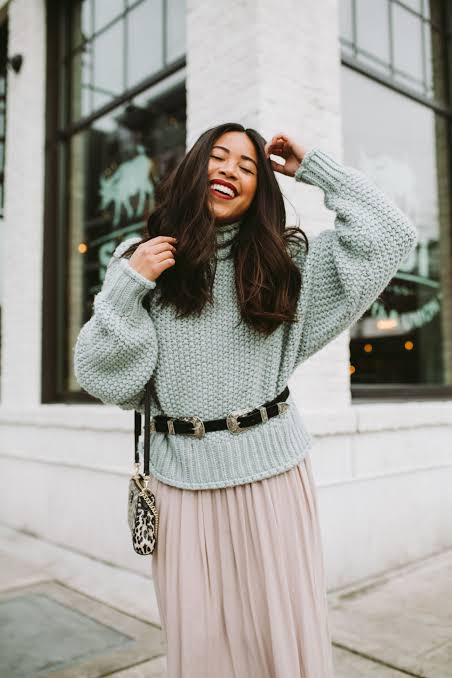 Light Blue Chunky Knit Sweater with Pleated Midi Skirt Light Blue Chunky Knit Sweater with Pleated Midi Skirt — Winter Outfits for Moms