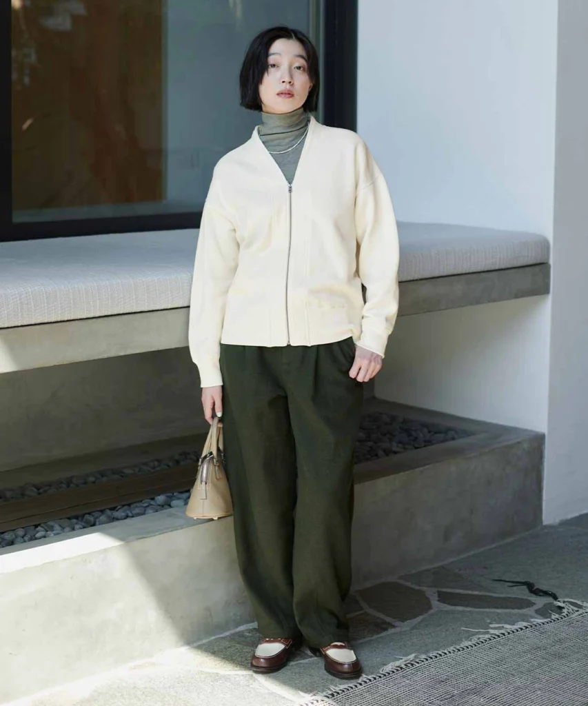 Cream Zip-Up Cardigan Over a Grey Turtleneck Cream Zip-Up Cardigan Over a Grey Turtleneck — Winter Outfits for Moms