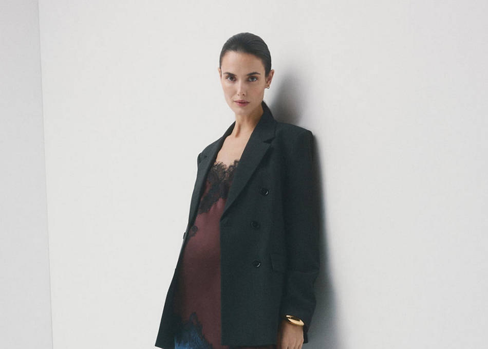 Black Oversized Blazer over Burgundy Lace-Trim Slip Dress Black Oversized Blazer over Burgundy Lace-Trim Slip Dress — Winter Maternity Outfits