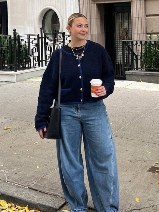 Navy Textured Cardigan and Wide-Leg Jeans — Winter School Outfits