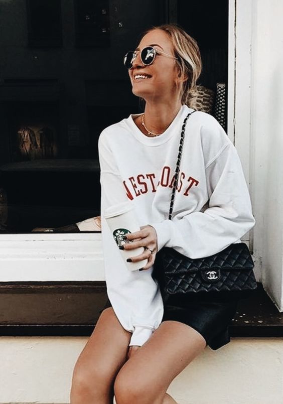 Oversized Graphic Sweatshirt with Leather Shorts — Winter School Outfits