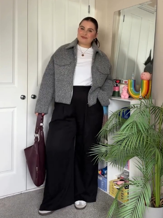 Textured Cropped Jacket with Wide-Leg Trousers — Winter School Outfits