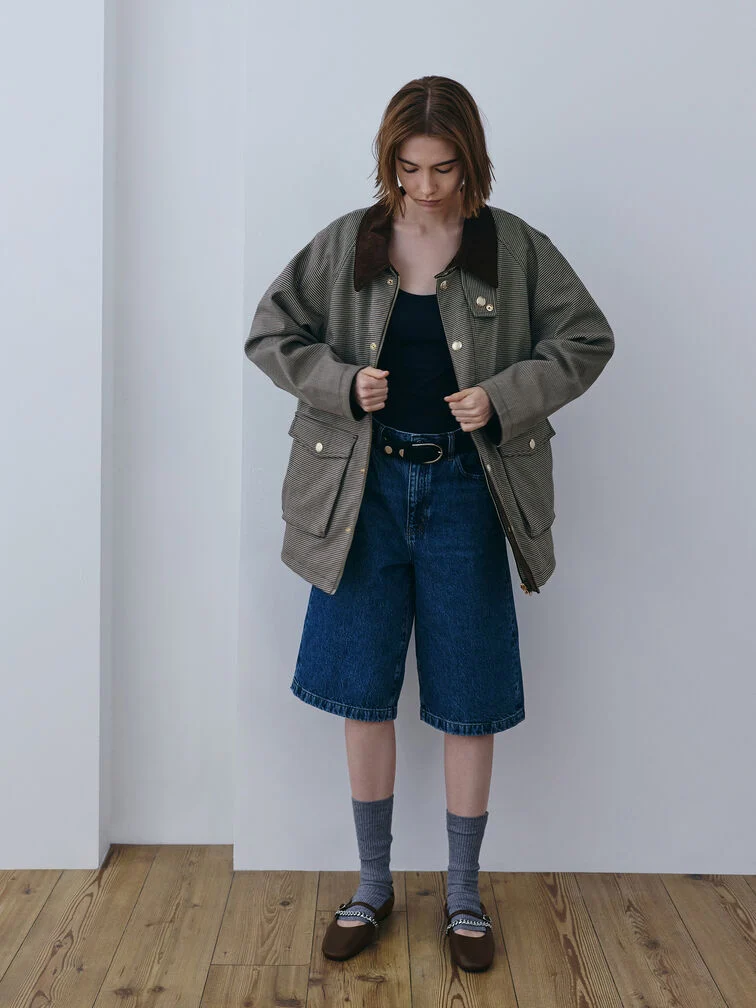 Checked Tweed Jacket with Wide-Leg Denim Shorts — Winter School Outfits