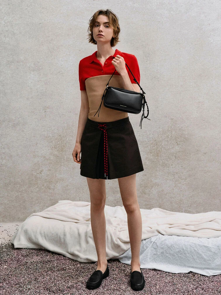 Color-Blocked Knit Polo and A-Line Skirt Ensemble — Winter School Outfits