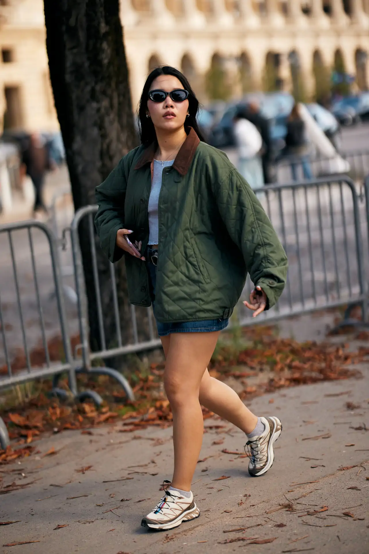 Olive Green Quilted Jacket with Denim Mini Skirt — Winter School Outfits