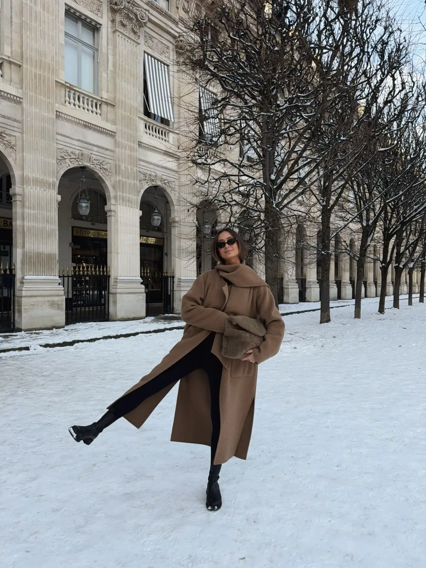 Oversized Camel Coat with Black Leggings and Boots — Winter School Outfits