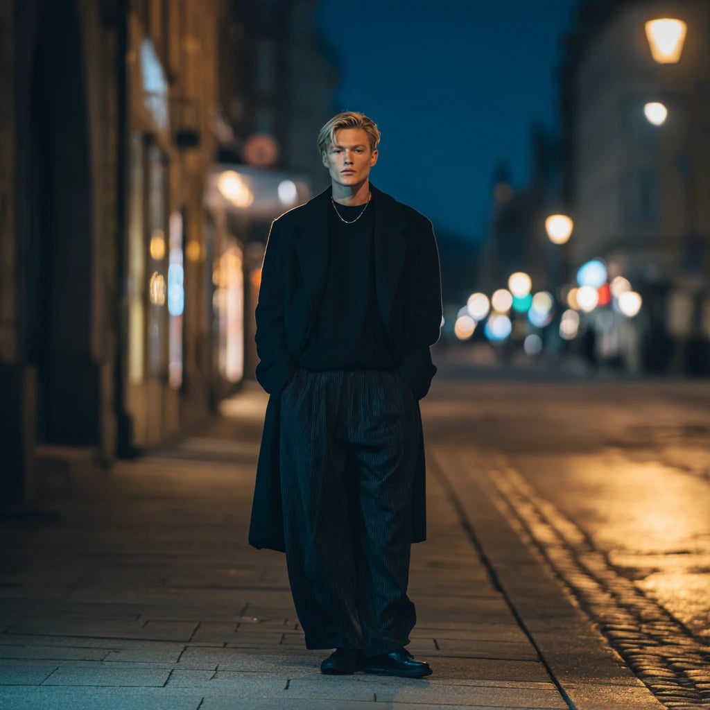 Modern Minimalist: Black Overcoat and Wide-Leg Trousers — Winter Outfits for Men