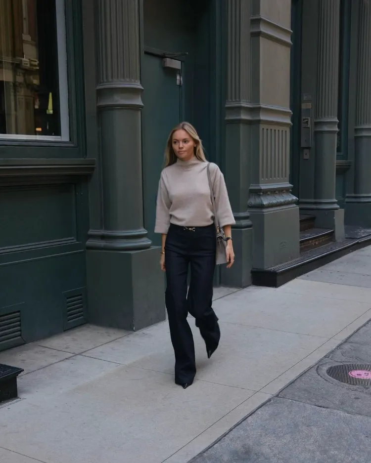 Neutral Knit and Wide-Leg Trousers with a Gold Belt Accent Neutral Knit and Wide-Leg Trousers with a Gold Belt Accent — Old Money Winter Outfits