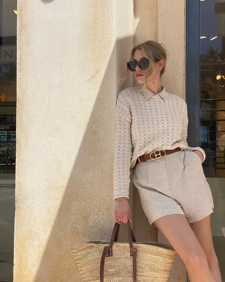 Cream Open-Knit Polo with Linen Shorts and Monogram Belt Cream Open-Knit Polo with Linen Shorts and Monogram Belt — Old Money Winter Outfits