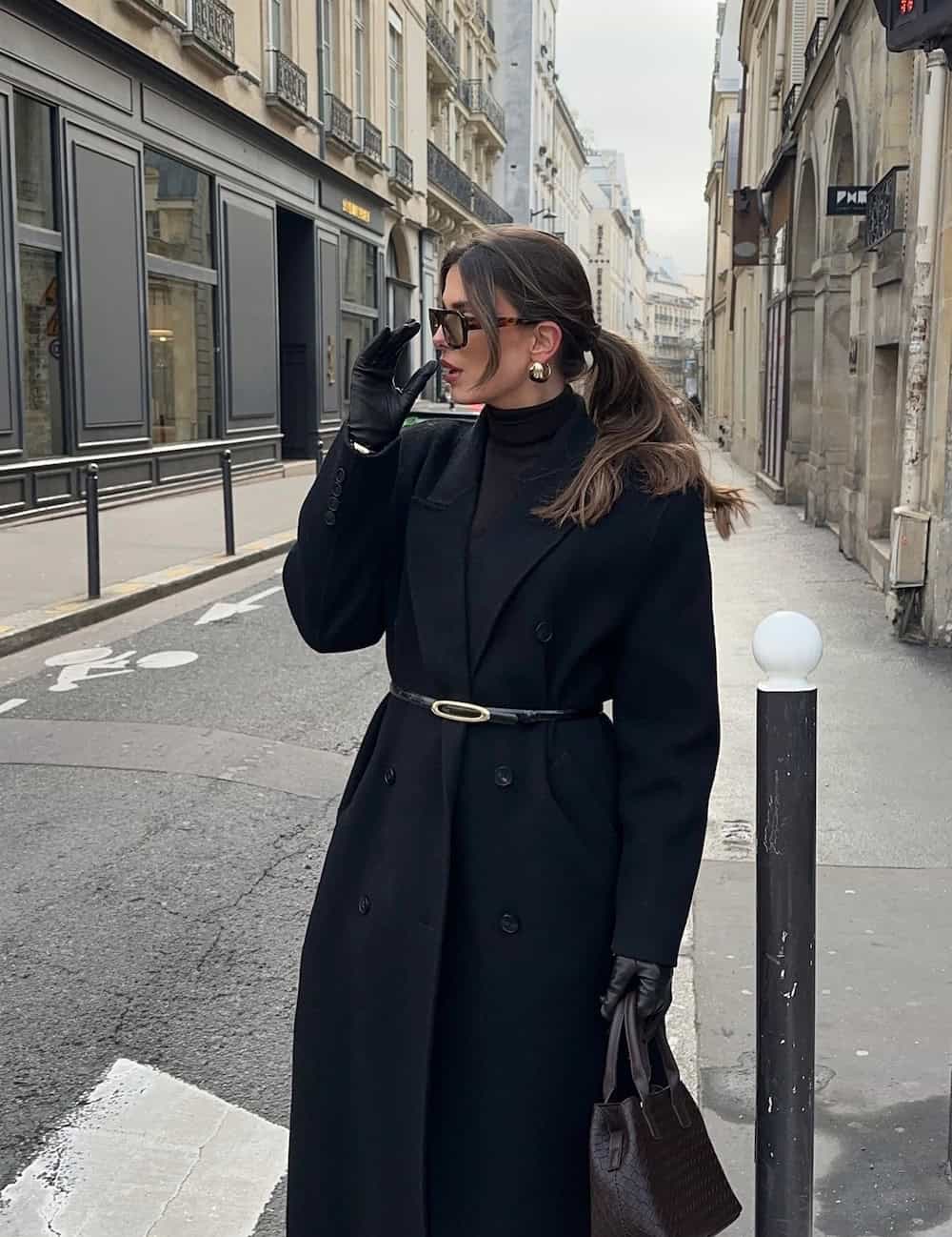 Monochromatic Black Wool Coat with Gold Buckle Detail Monochromatic Black Wool Coat with Gold Buckle Detail — Old Money Winter Outfits