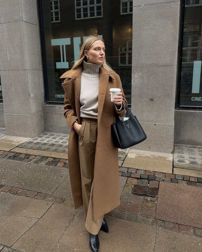 Long Camel Coat Over Beige Turtleneck and Taupe Trousers Long Camel Coat Over Beige Turtleneck and Taupe Trousers — Old Money Winter Outfits