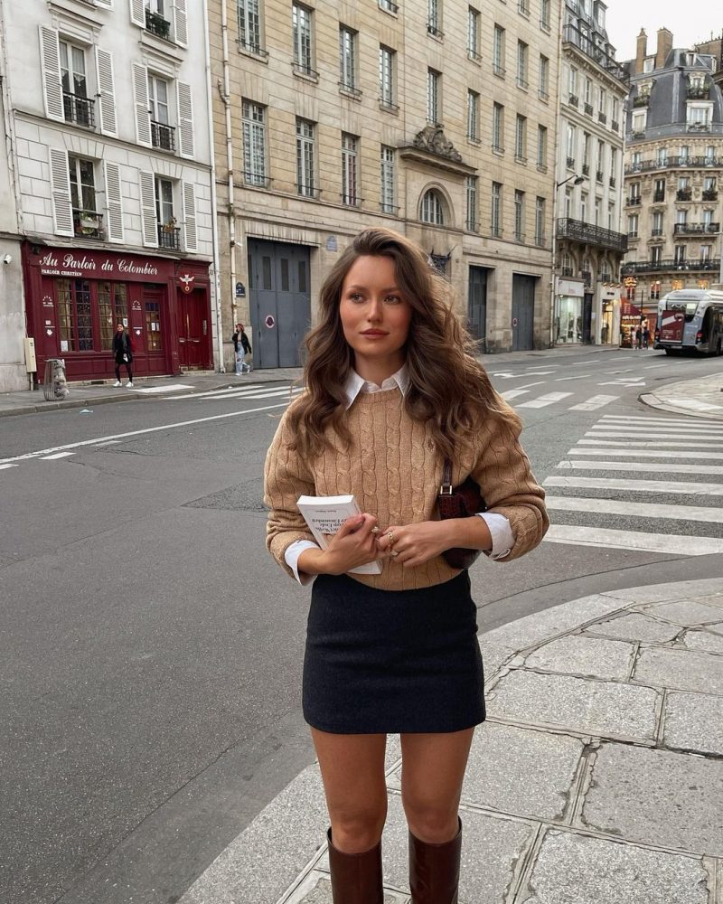 Beige Cable-Knit Sweater with Charcoal Mini Skirt and Brown Boots Beige Cable-Knit Sweater with Charcoal Mini Skirt and Brown Boots — Old Money Winter Outfits