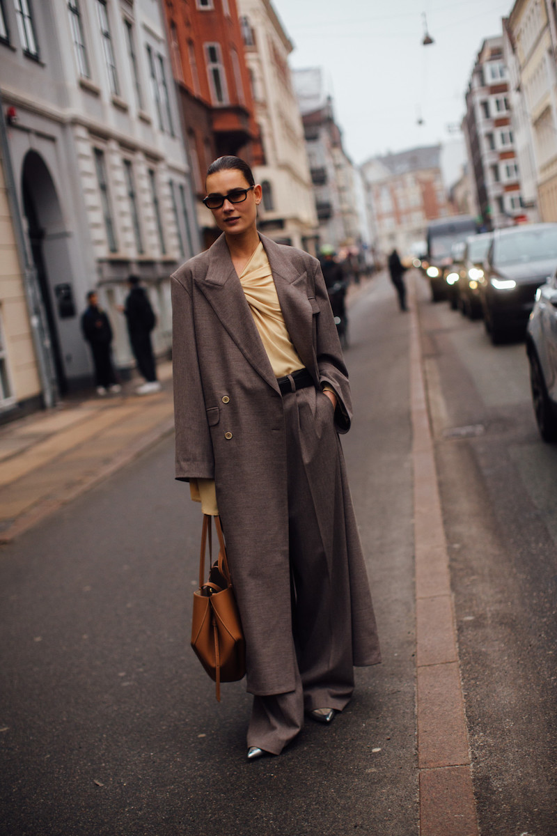 Oversized Grey Coat with Draped Beige Top and Trousers — Minimalist Winter Outfits